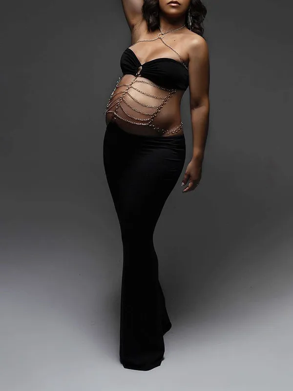 Black Cut Out Chain Halter Neck Elegant Maternity Maxi Dress