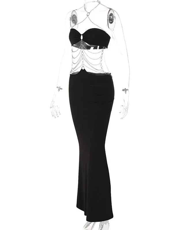 Black Cut Out Chain Halter Neck Elegant Maternity Maxi Dress