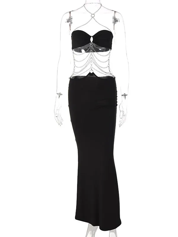 Black Cut Out Chain Halter Neck Elegant Maternity Maxi Dress