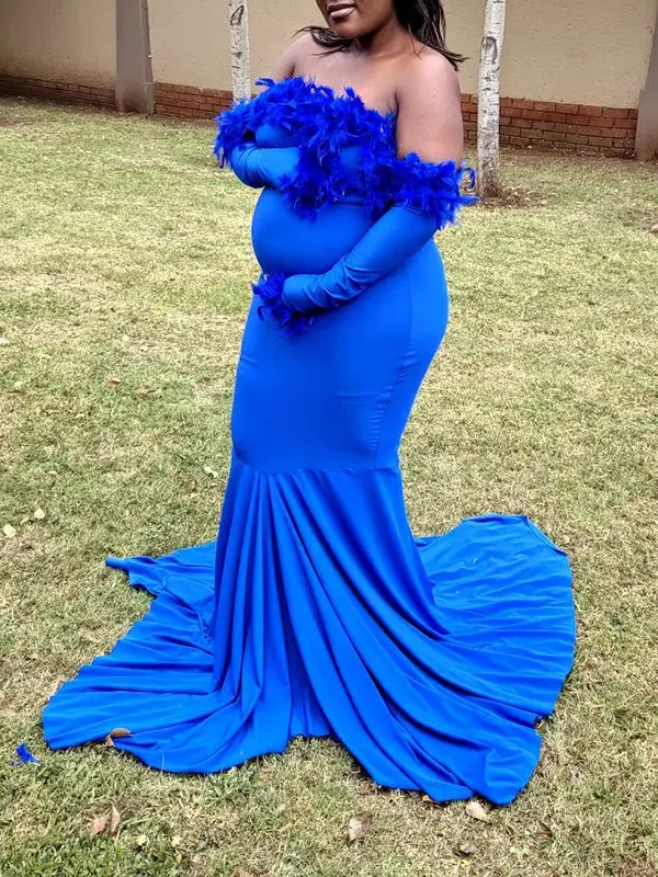 Blue Off Shoulder Feather Elegant Maternity Maxi Dress