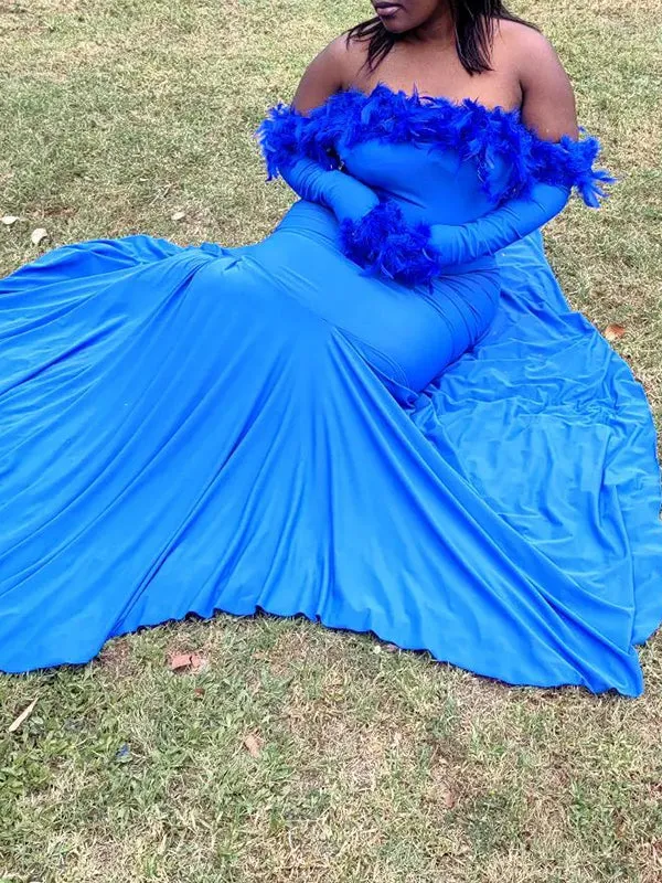 Blue Off Shoulder Feather Elegant Maternity Maxi Dress