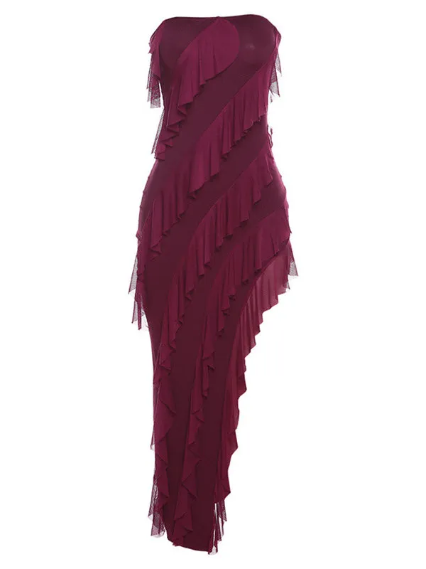 Momnfancy Elegant Wine Red Falbala Maternity Maxi Dress with Thigh High Side Slits