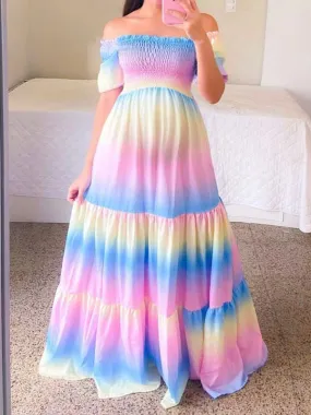 Pink-Blue Gender Reveal Off Shoulder Sleeve Maternity Maxi Dress