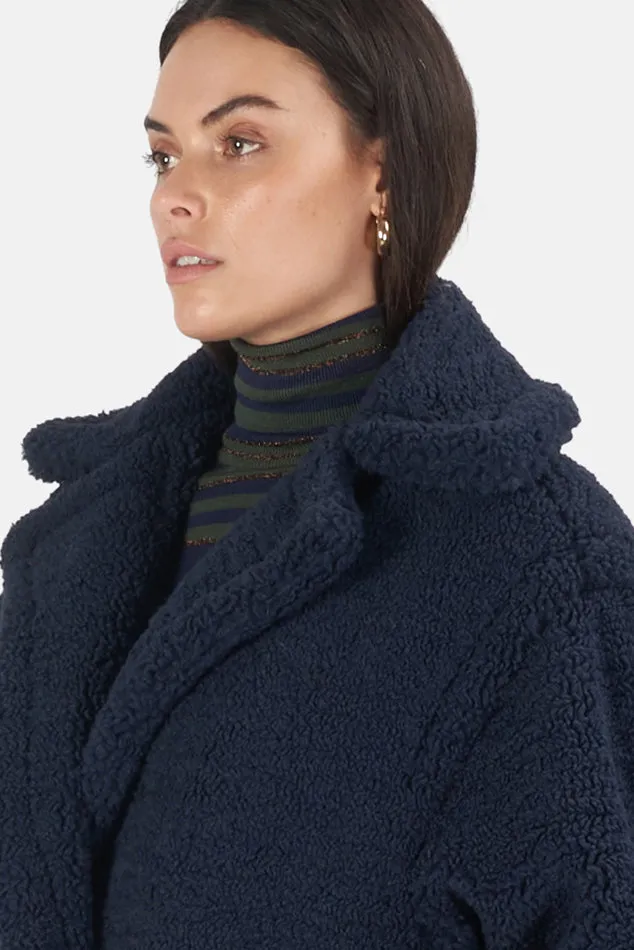 Navy Blue Faux Shearling Coat - Daryna