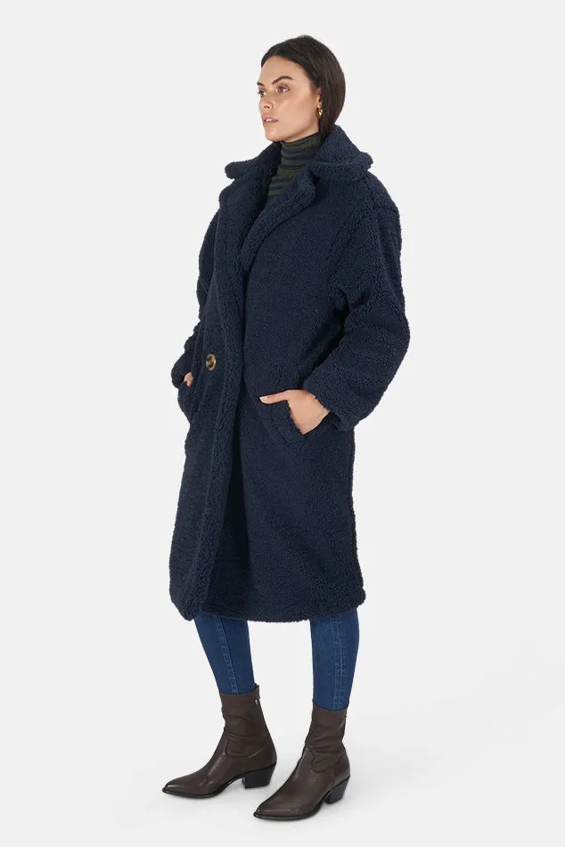 Navy Blue Faux Shearling Coat - Daryna