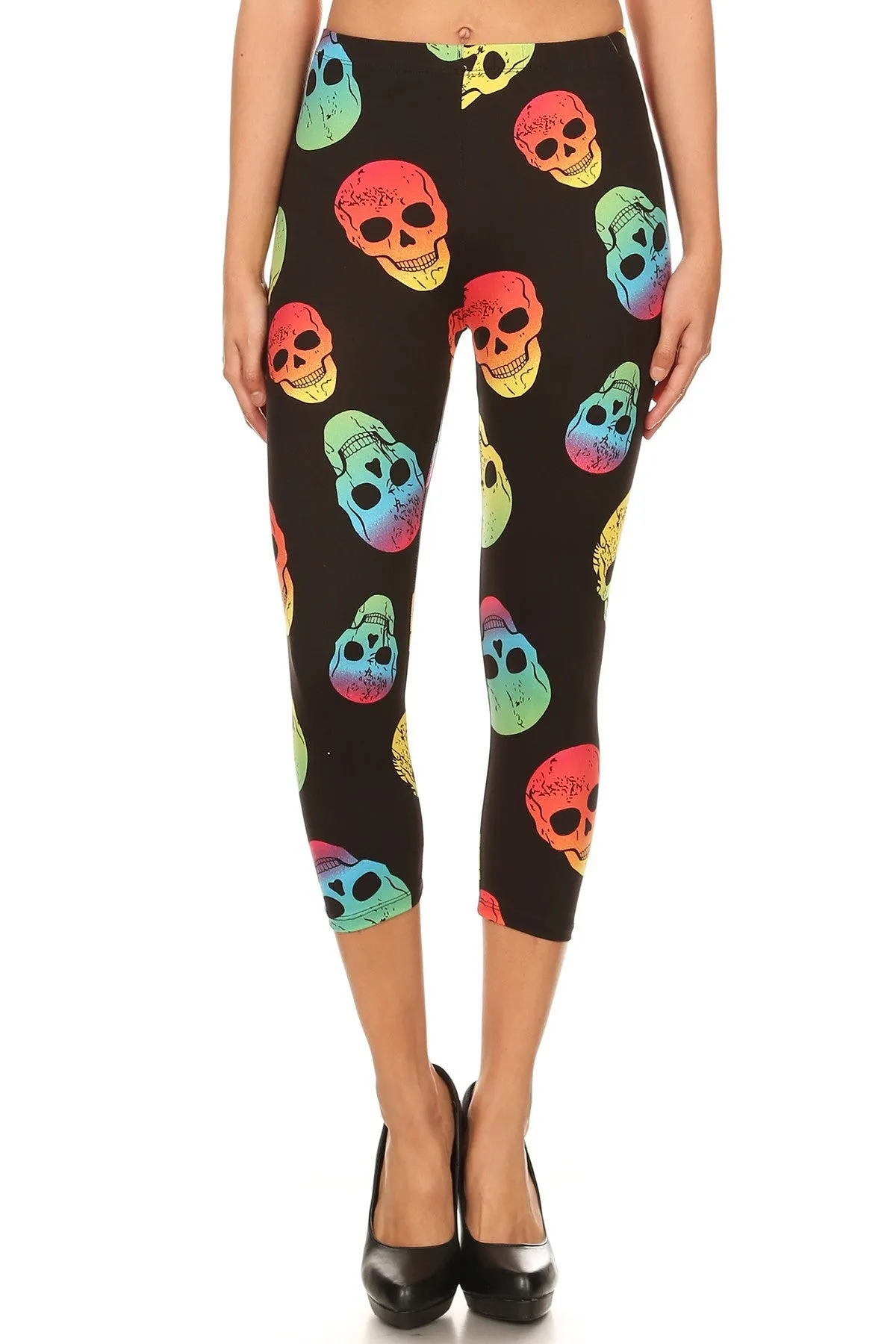 Neon Skulls Print Cropped Leggings for Women