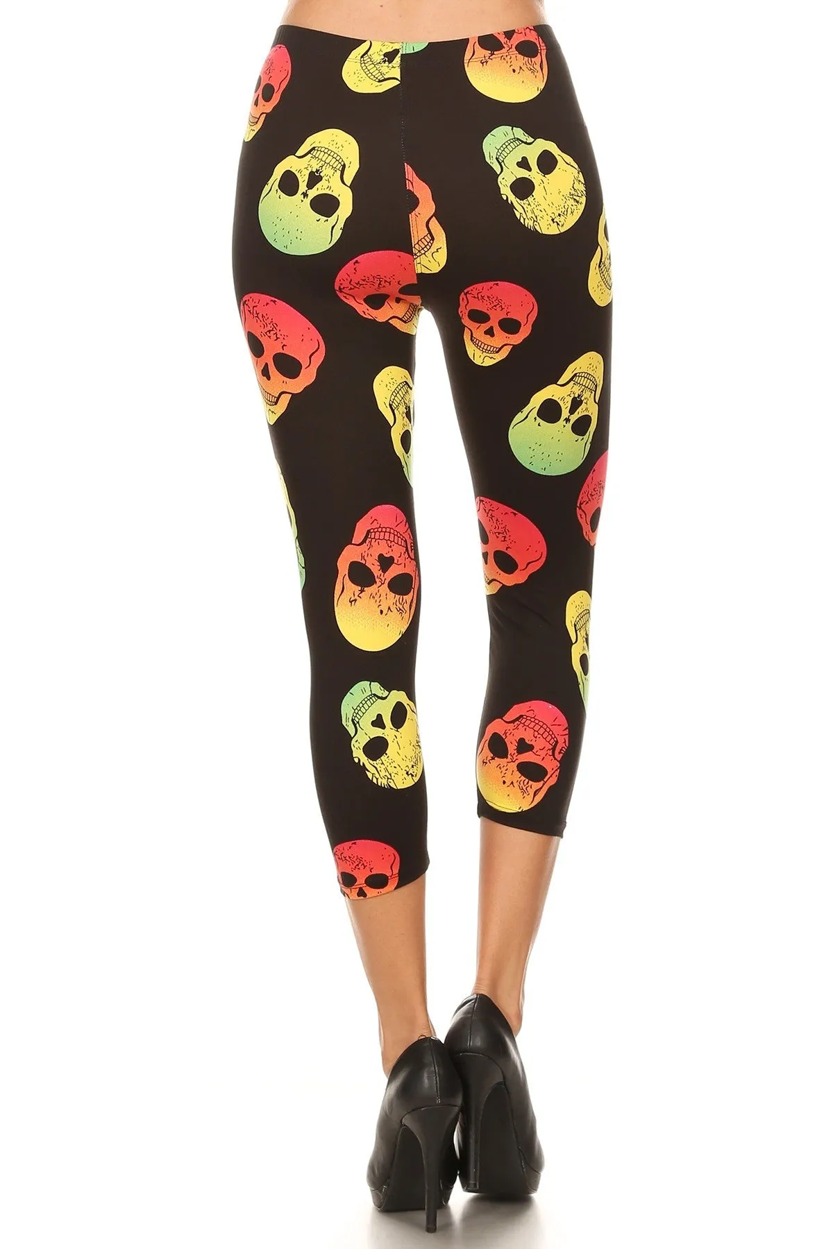 Neon Skulls Print Cropped Leggings for Women