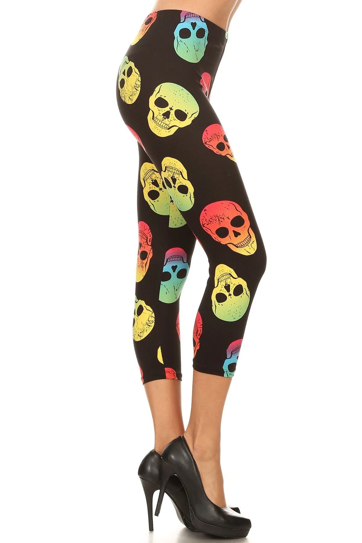 Neon Skulls Print Cropped Leggings for Women