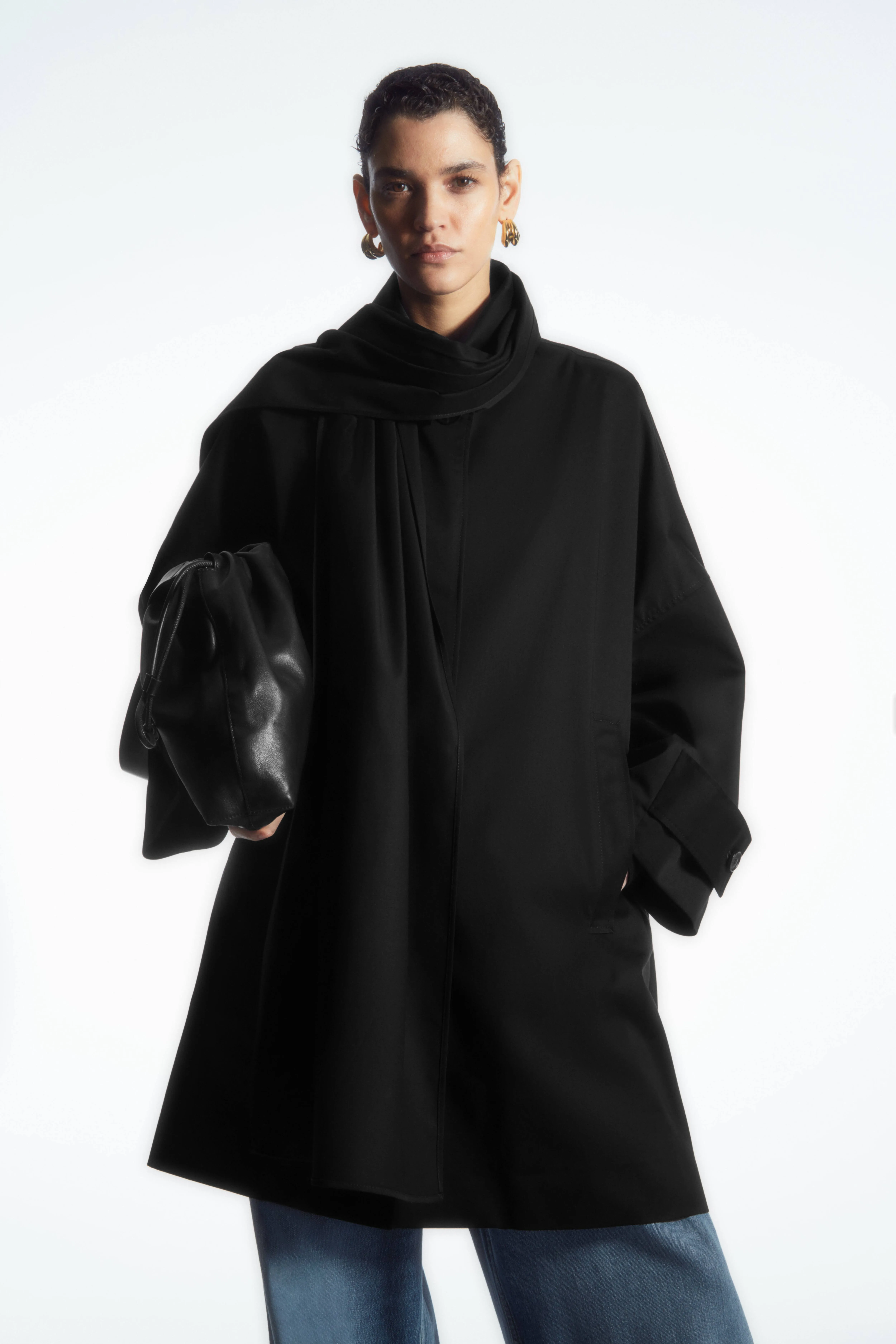 Oversized Scarf-Detail Trench Coat - Long Sleeve - Regular Length - Black - Ladies H&M GB