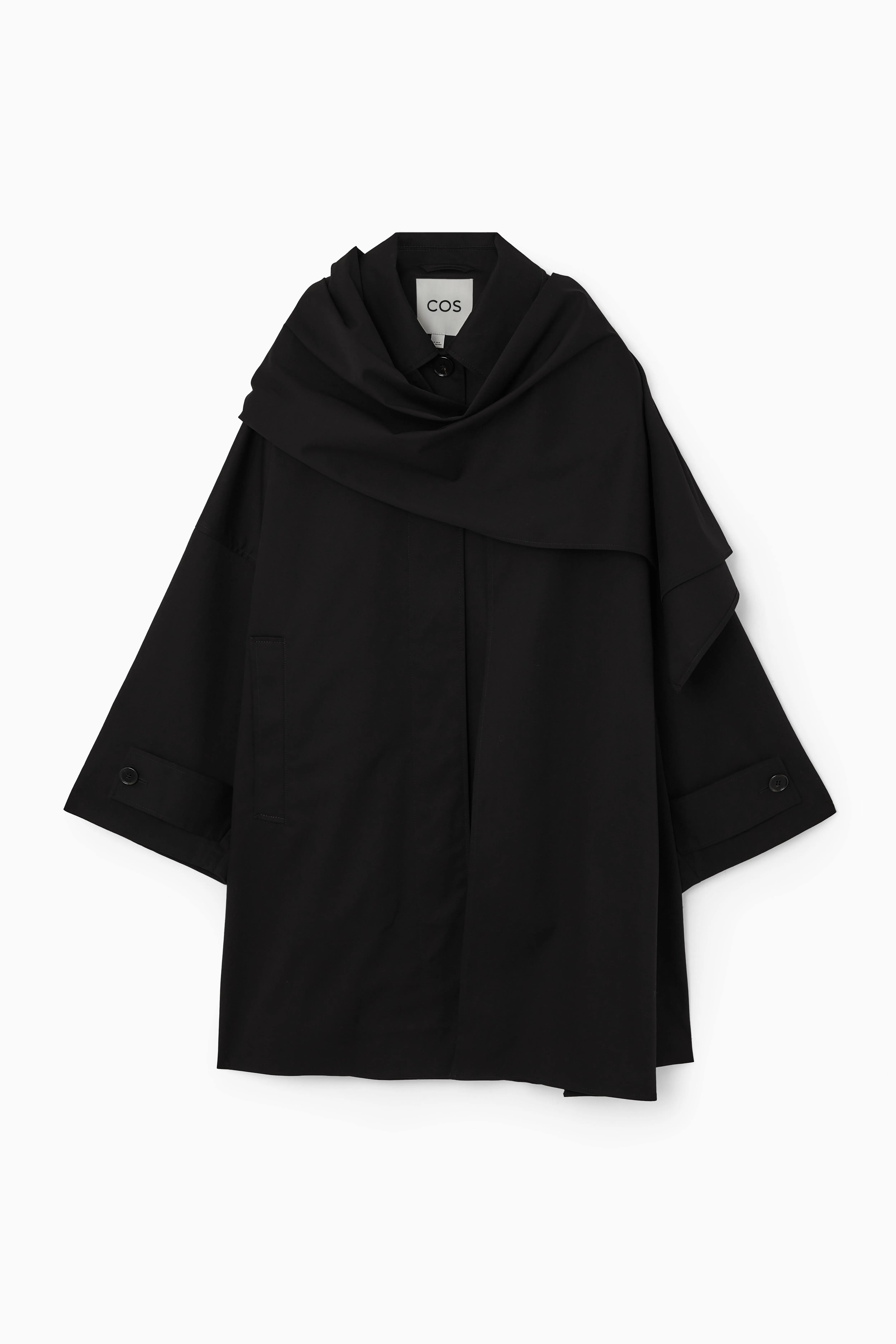 Oversized Scarf-Detail Trench Coat - Long Sleeve - Regular Length - Black - Ladies H&M GB