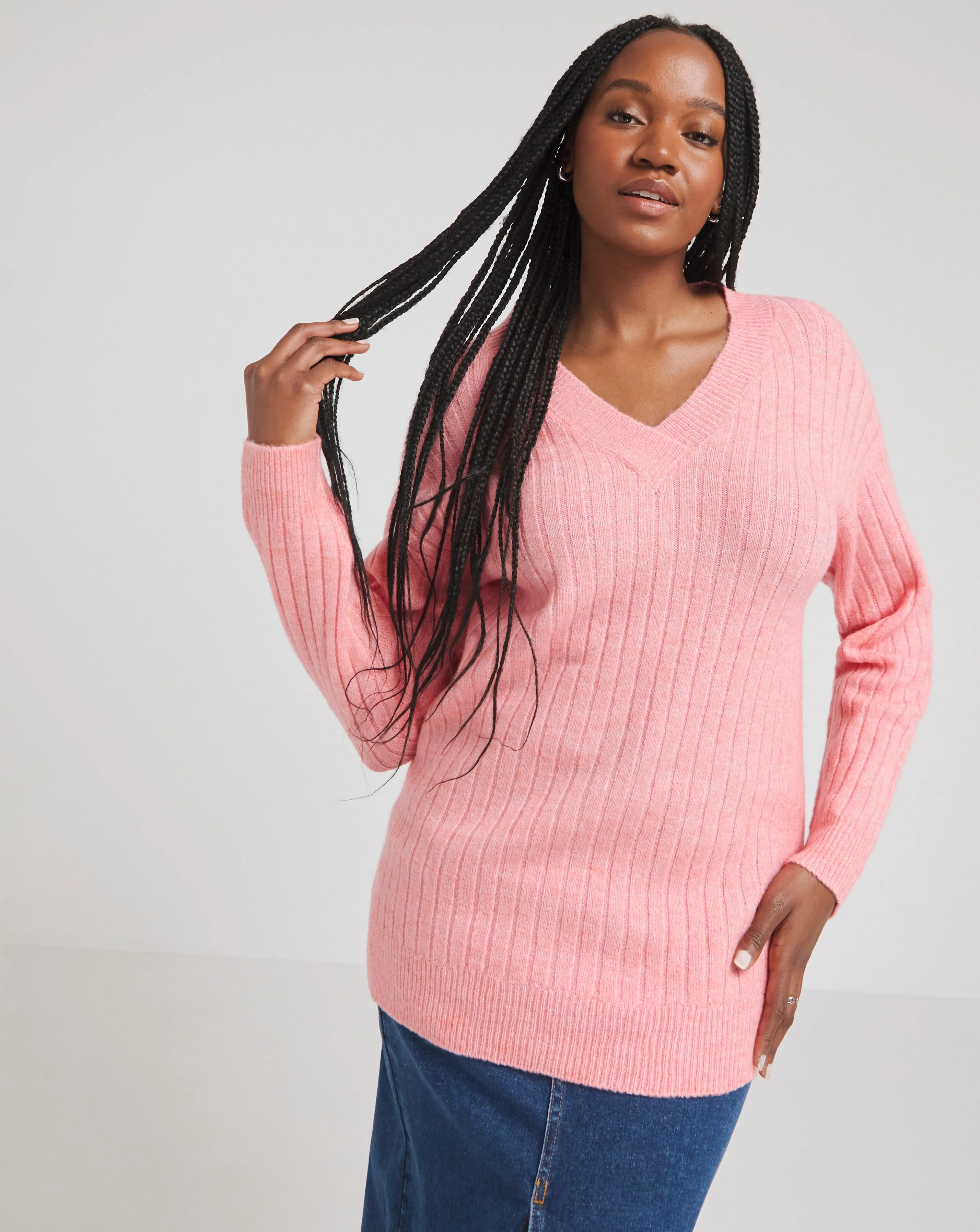 Pink Slouchy V Neck Ribbed Longline Jumper | Simply Be
