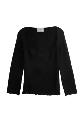 Black Rib Knit Sweater Top with Portrait Neckline