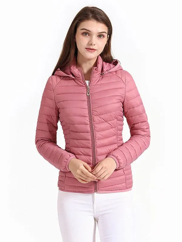 Pink Puffer Coats with Hood - Cotton Winter Outerwear for Women