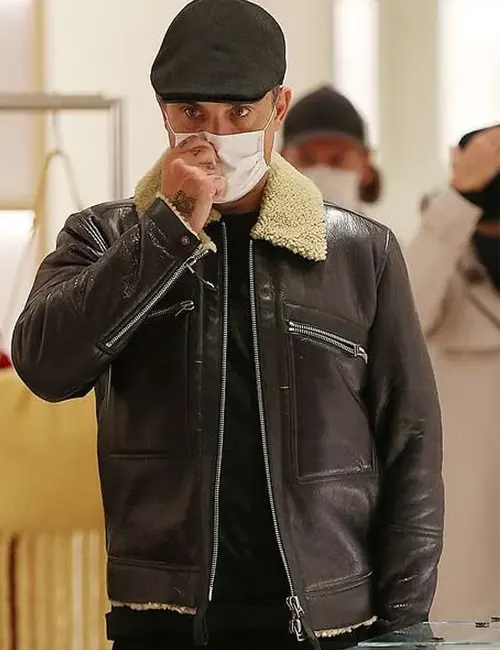 Robbie Williams Black Leather Shearling Jacket