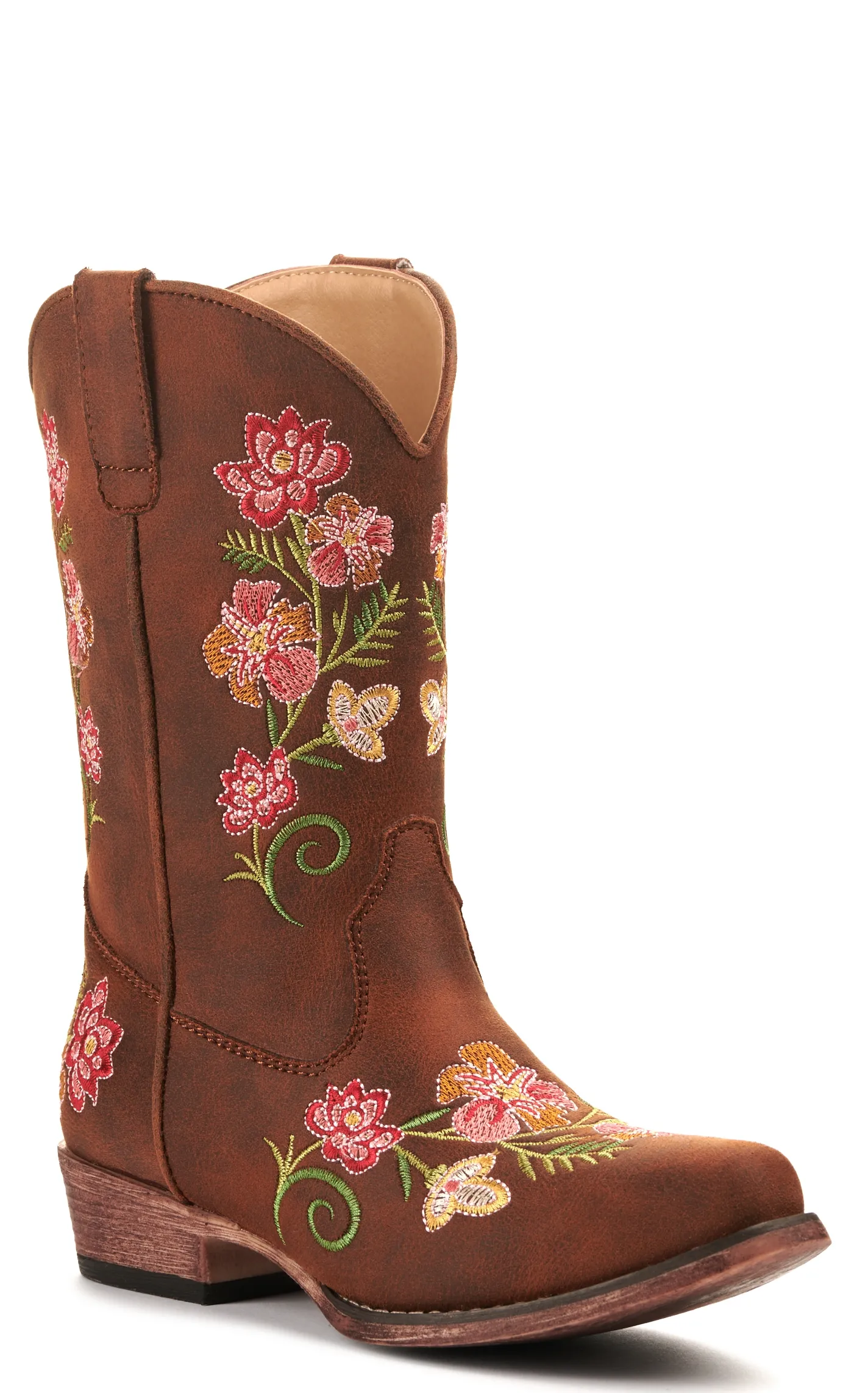 Roper Girls' Brown Floral Embroidery Snip Toe Western Boot