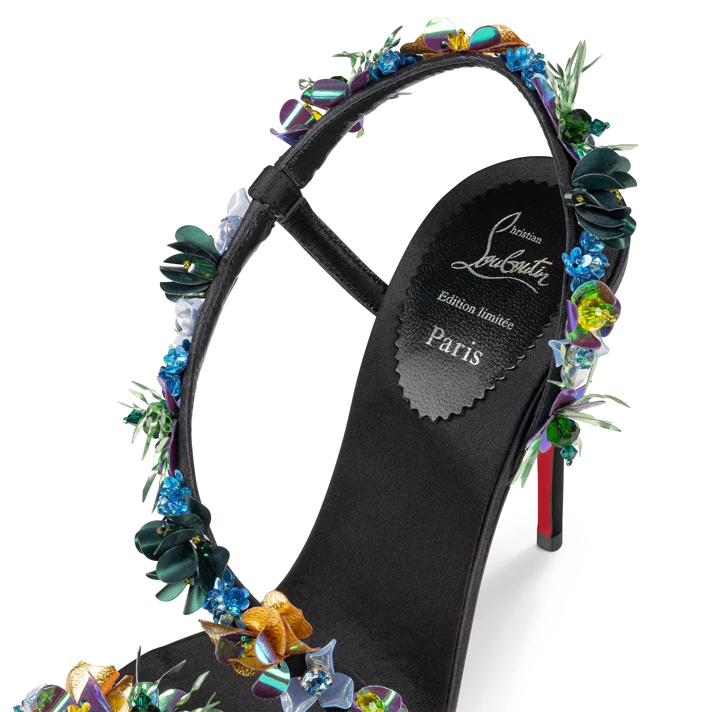 Rosalie Tropica Women's Black Embroidered Crepe Satin, PVC, and Leather Sandals