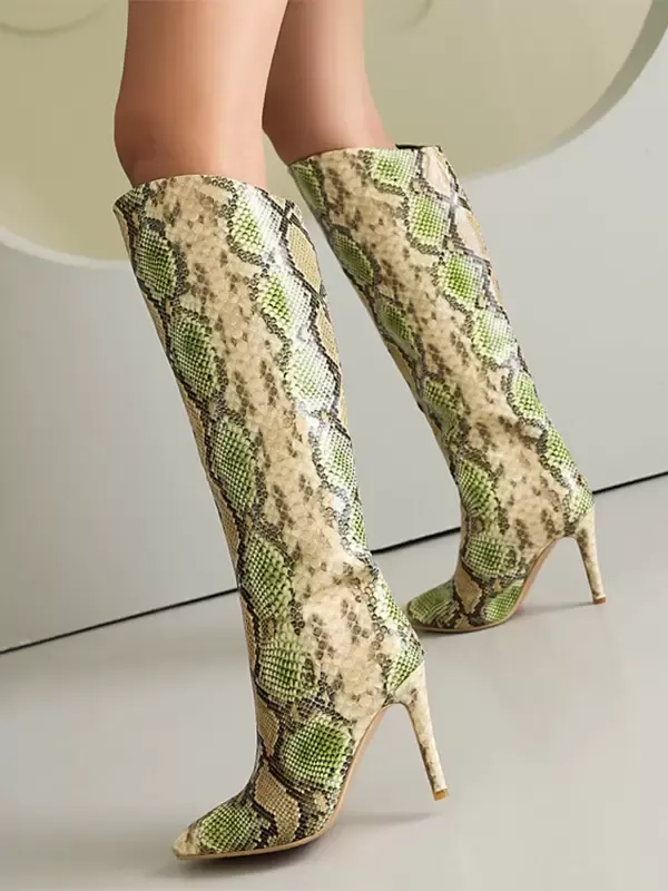 Round Toe Snake Print Stiletto Heel Knee-High Boots