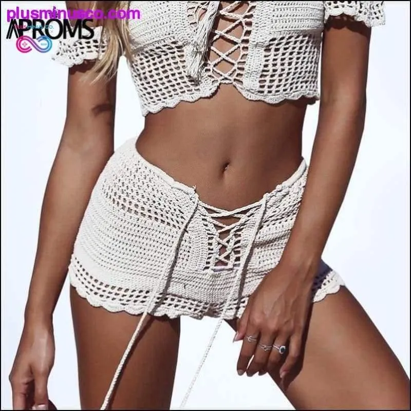 Women's Summer Lace Up Mid Elastic White Crochet Shorts