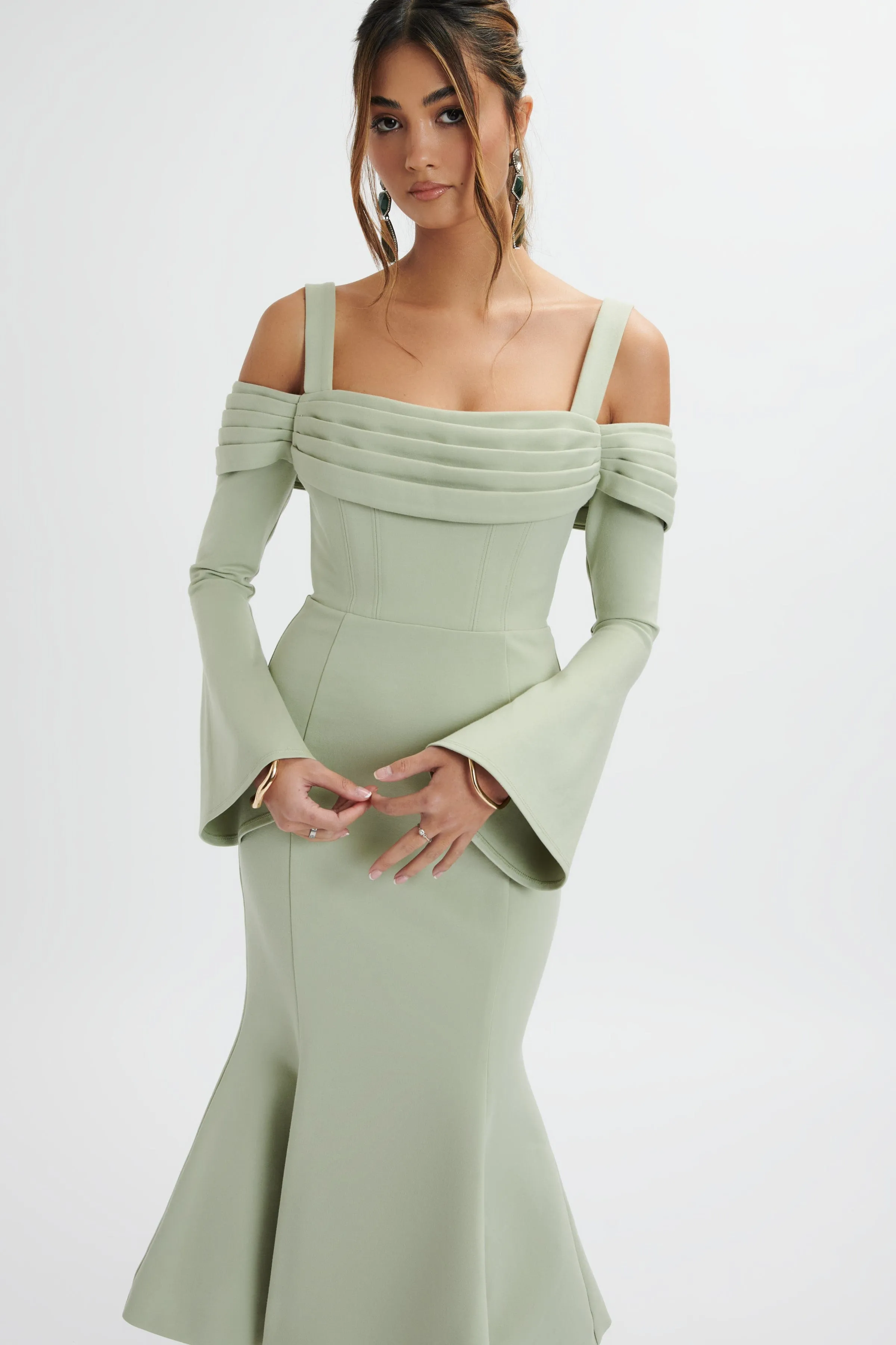 SIA Sage Green Pleated Cowl Longline Midi Dress Ponte