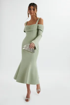 SIA Sage Green Pleated Cowl Longline Midi Dress Ponte