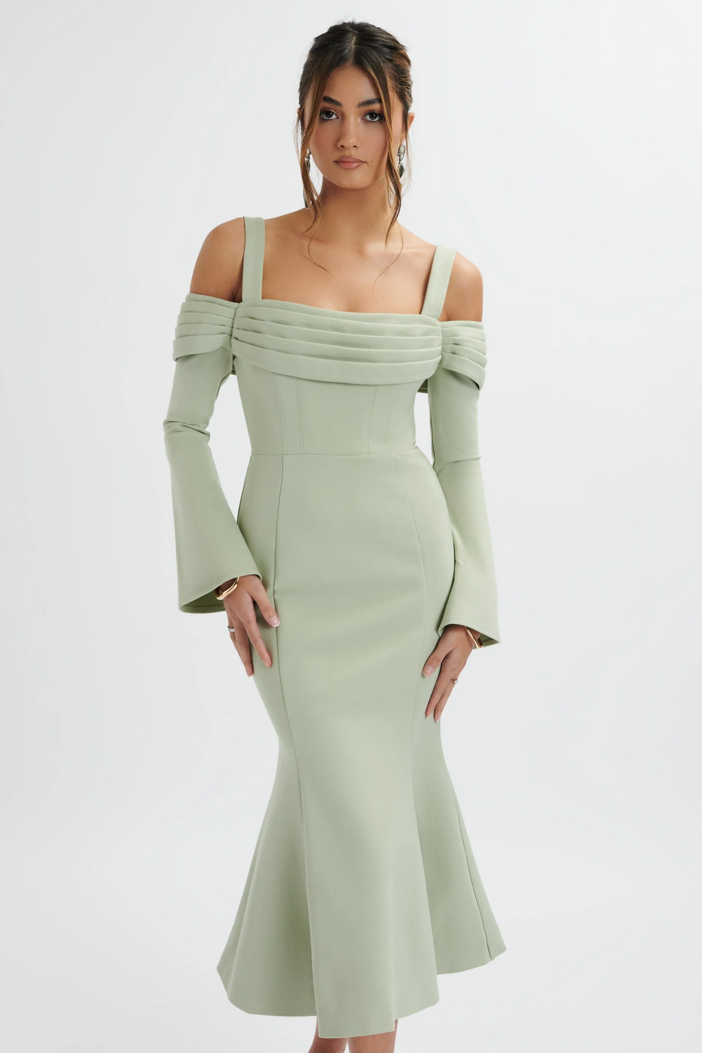 SIA Sage Green Pleated Cowl Longline Midi Dress Ponte