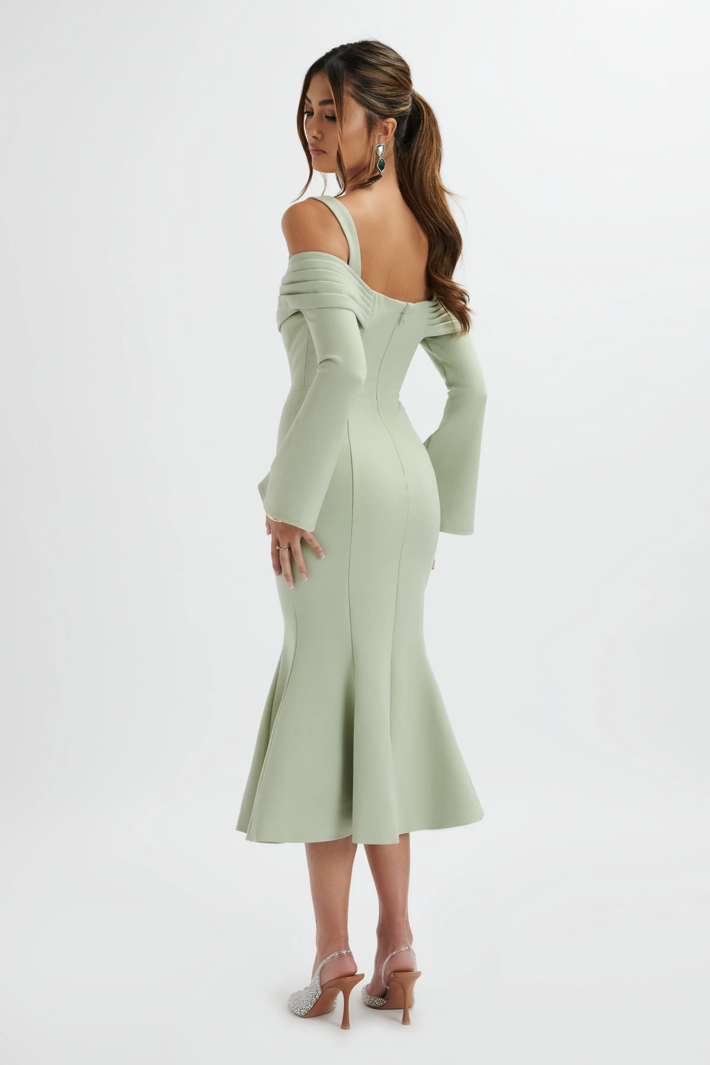 SIA Sage Green Pleated Cowl Longline Midi Dress Ponte