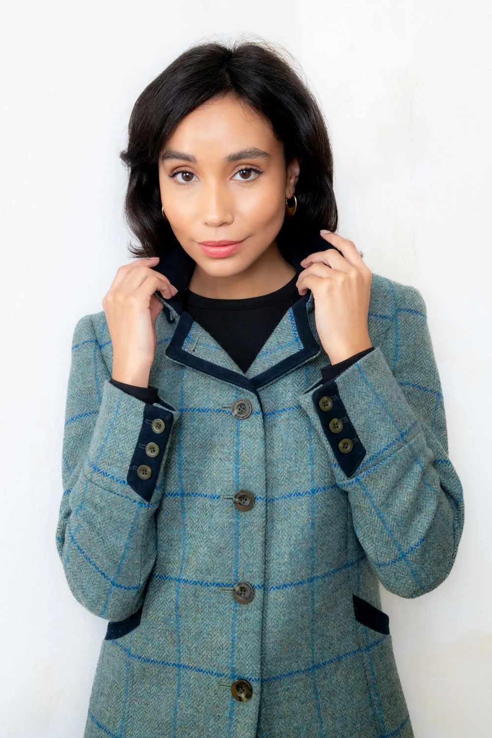 Sinead Tweed Coat - Light Teal Check - Women's Fall Outerwear