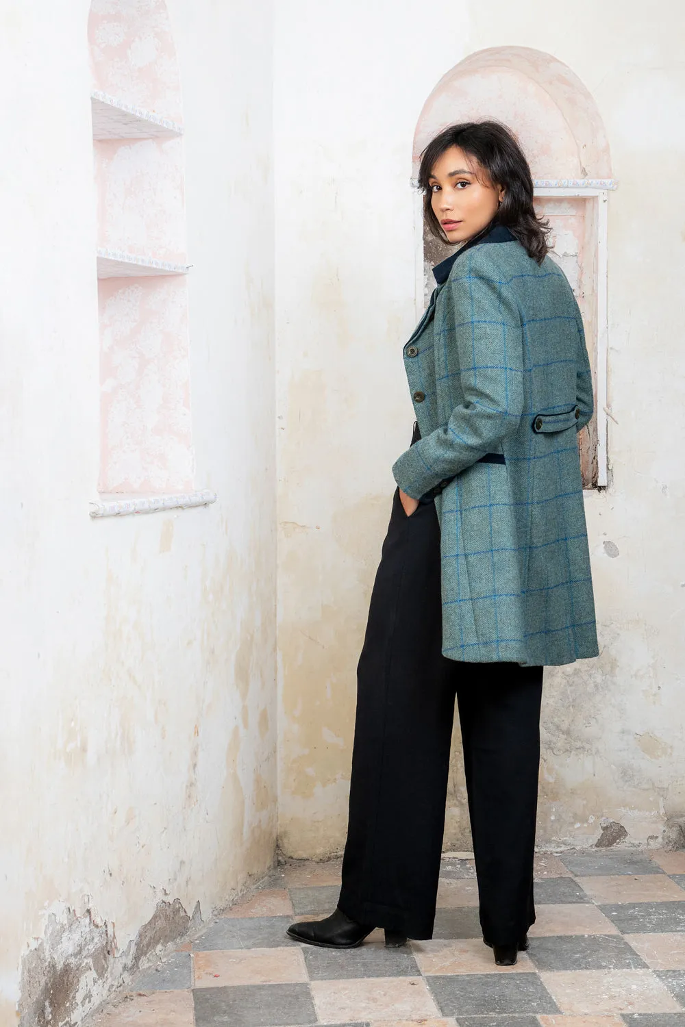 Sinead Tweed Coat - Light Teal Check - Women's Fall Outerwear