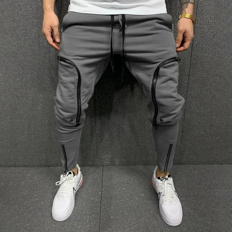 Solid Color Men's Drawstring Elastic Waist Zipper Sports Pants