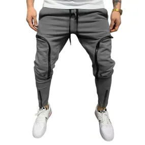 Solid Color Men's Drawstring Elastic Waist Zipper Sports Pants