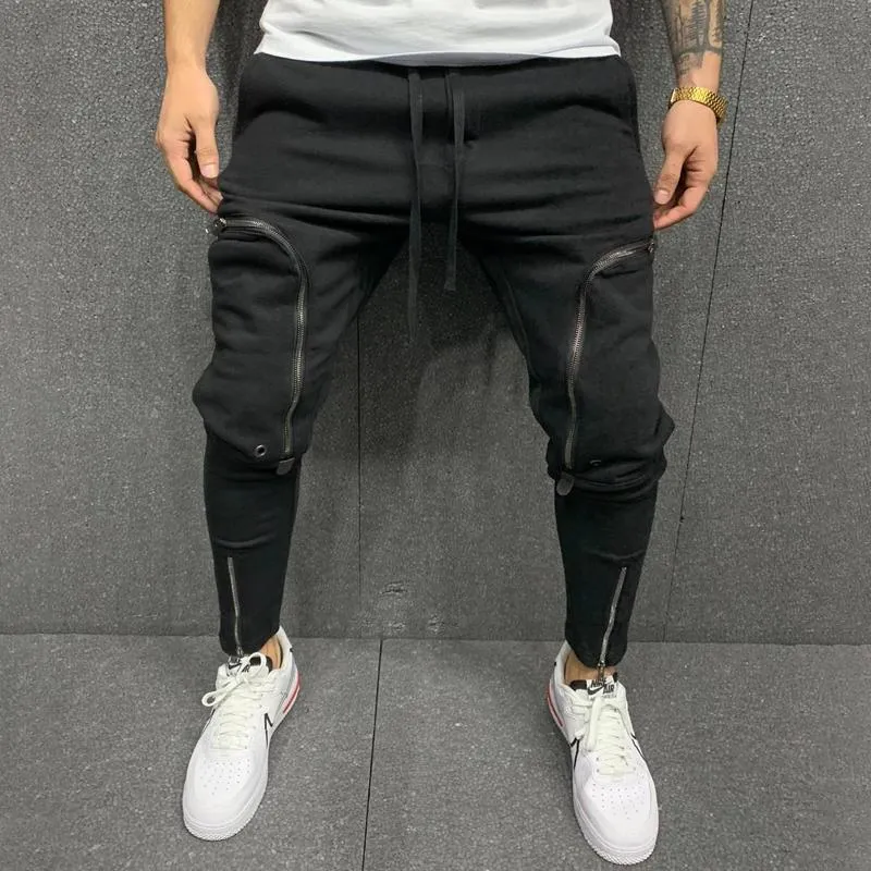 Solid Color Men's Drawstring Elastic Waist Zipper Sports Pants