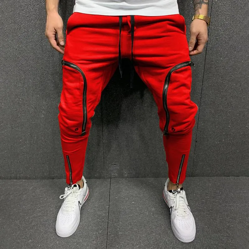 Solid Color Men's Drawstring Elastic Waist Zipper Sports Pants