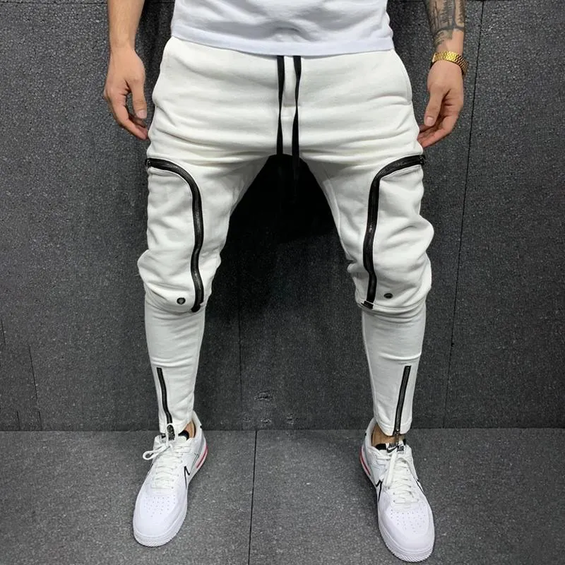 Solid Color Men's Drawstring Elastic Waist Zipper Sports Pants