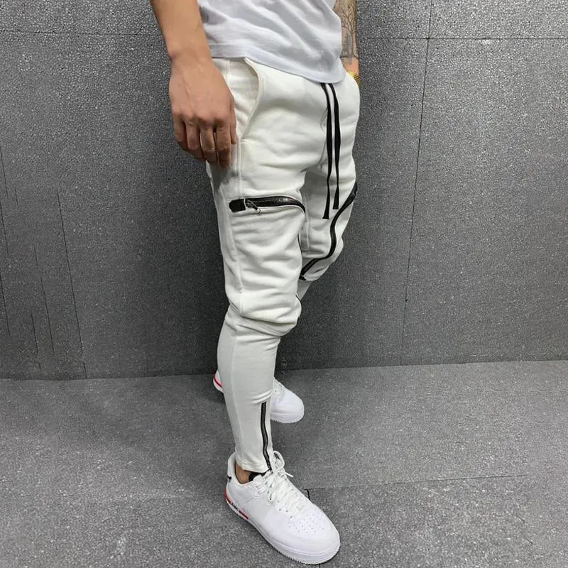 Solid Color Men's Drawstring Elastic Waist Zipper Sports Pants