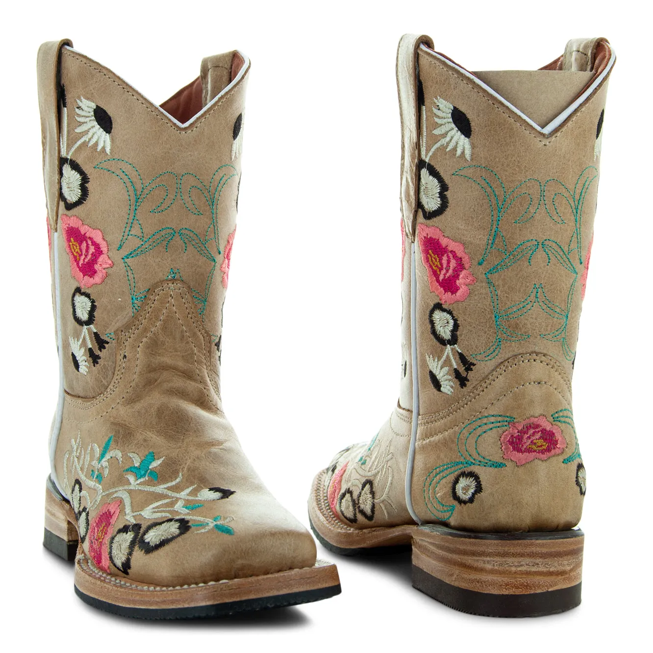 Soto K3011 Girls Sand Floral Embroidered Square Toe Cowboy Boots