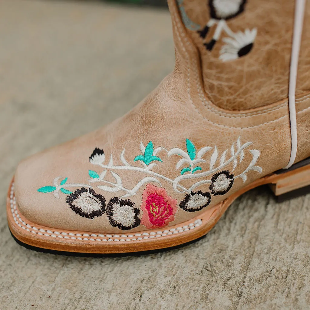 Soto K3011 Girls Sand Floral Embroidered Square Toe Cowboy Boots