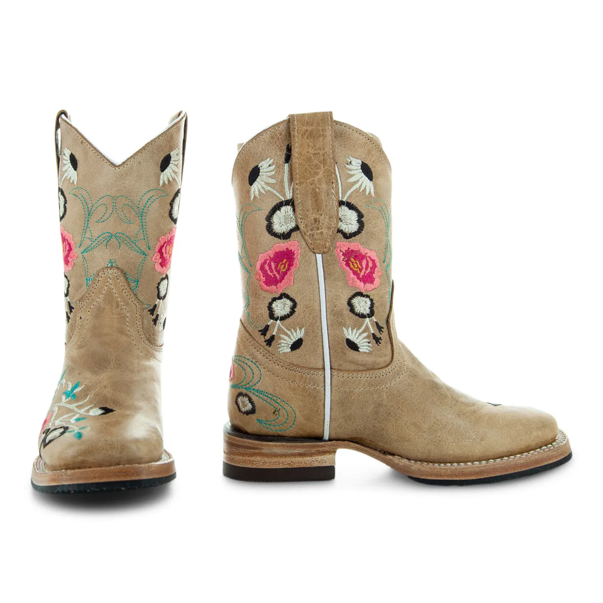 Soto K3011 Girls Sand Floral Embroidered Square Toe Cowboy Boots