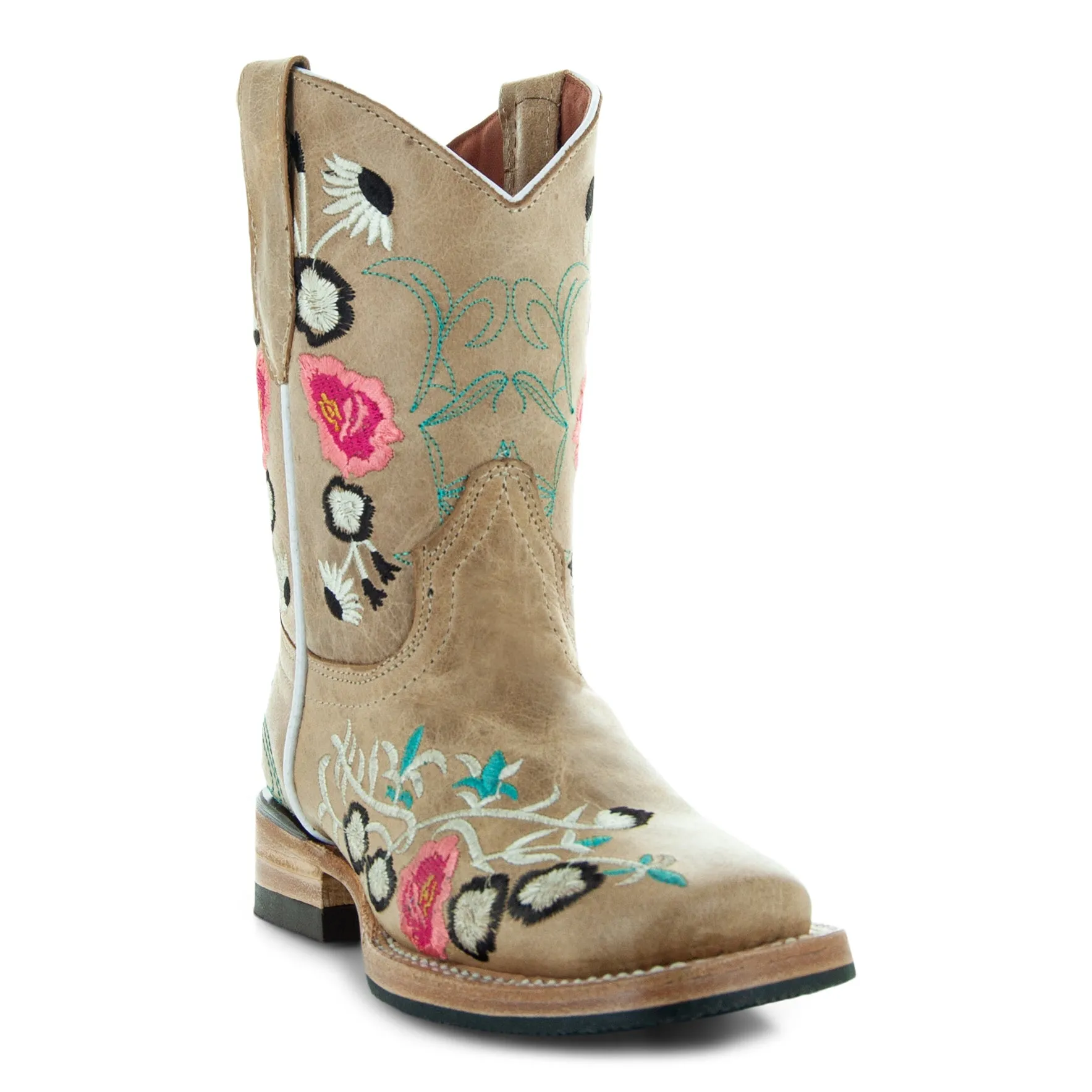 Soto K3011 Girls Sand Floral Embroidered Square Toe Cowboy Boots