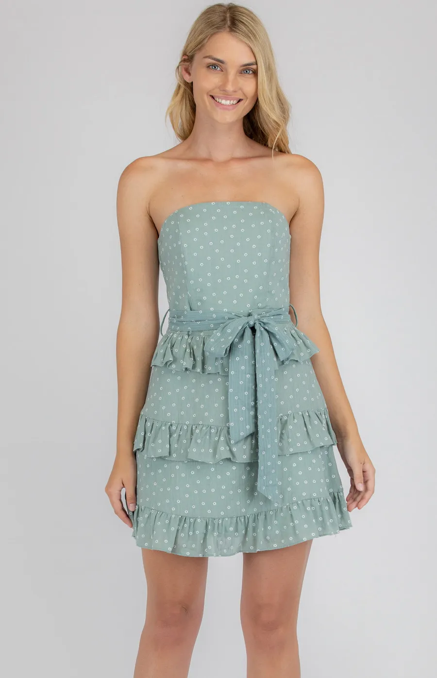 Layered Hem Strapless Dress with Belt