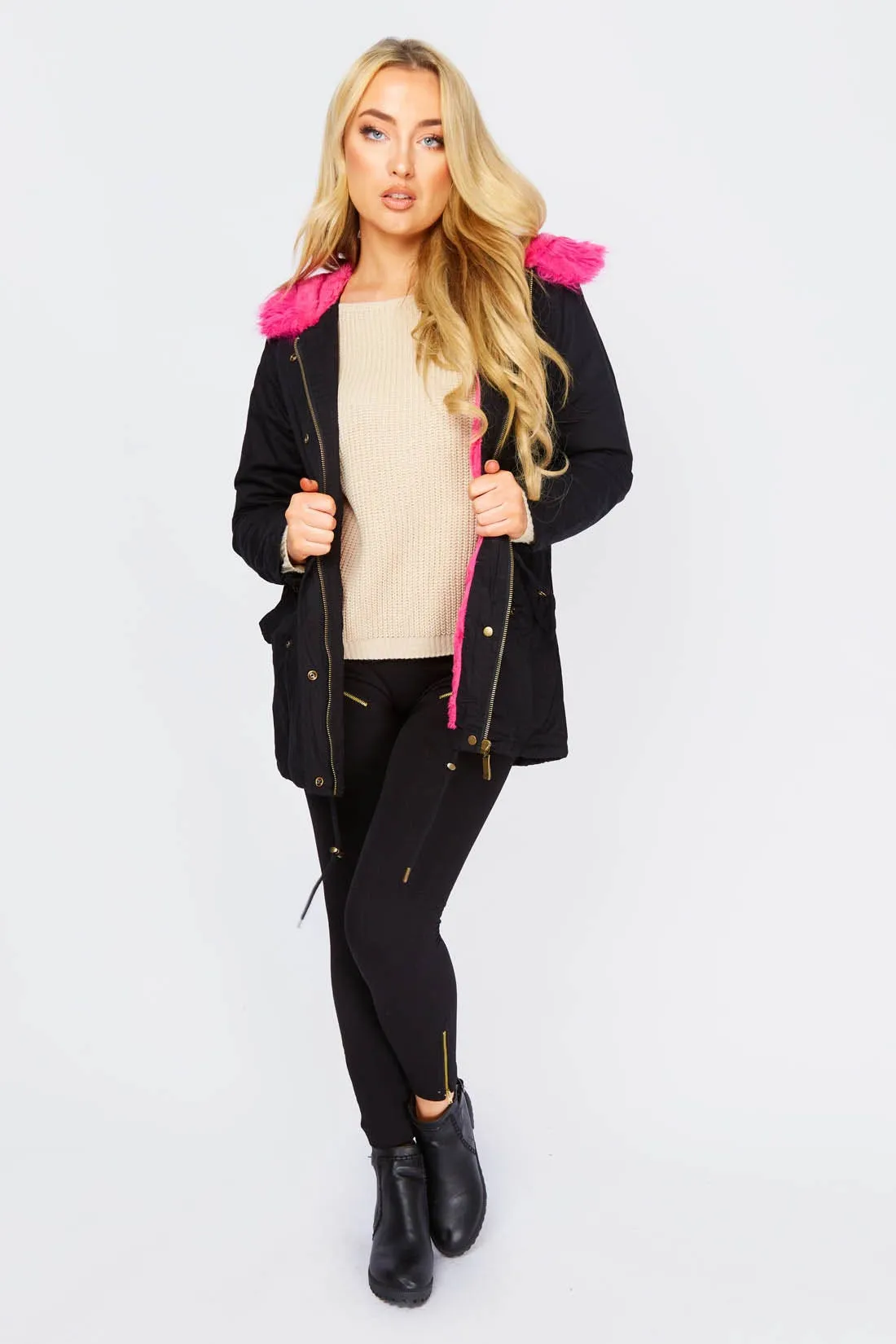 Stylish Black Parka Jacket with Pink Faux Fur Trim