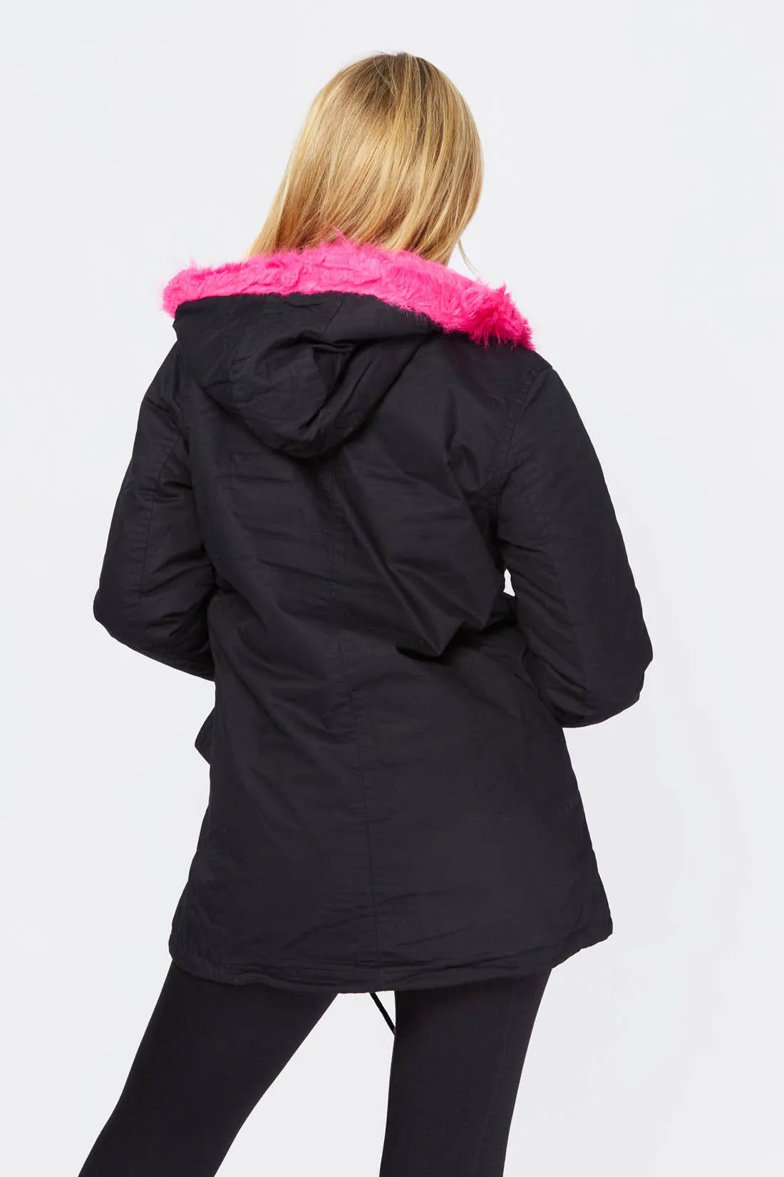 Stylish Black Parka Jacket with Pink Faux Fur Trim