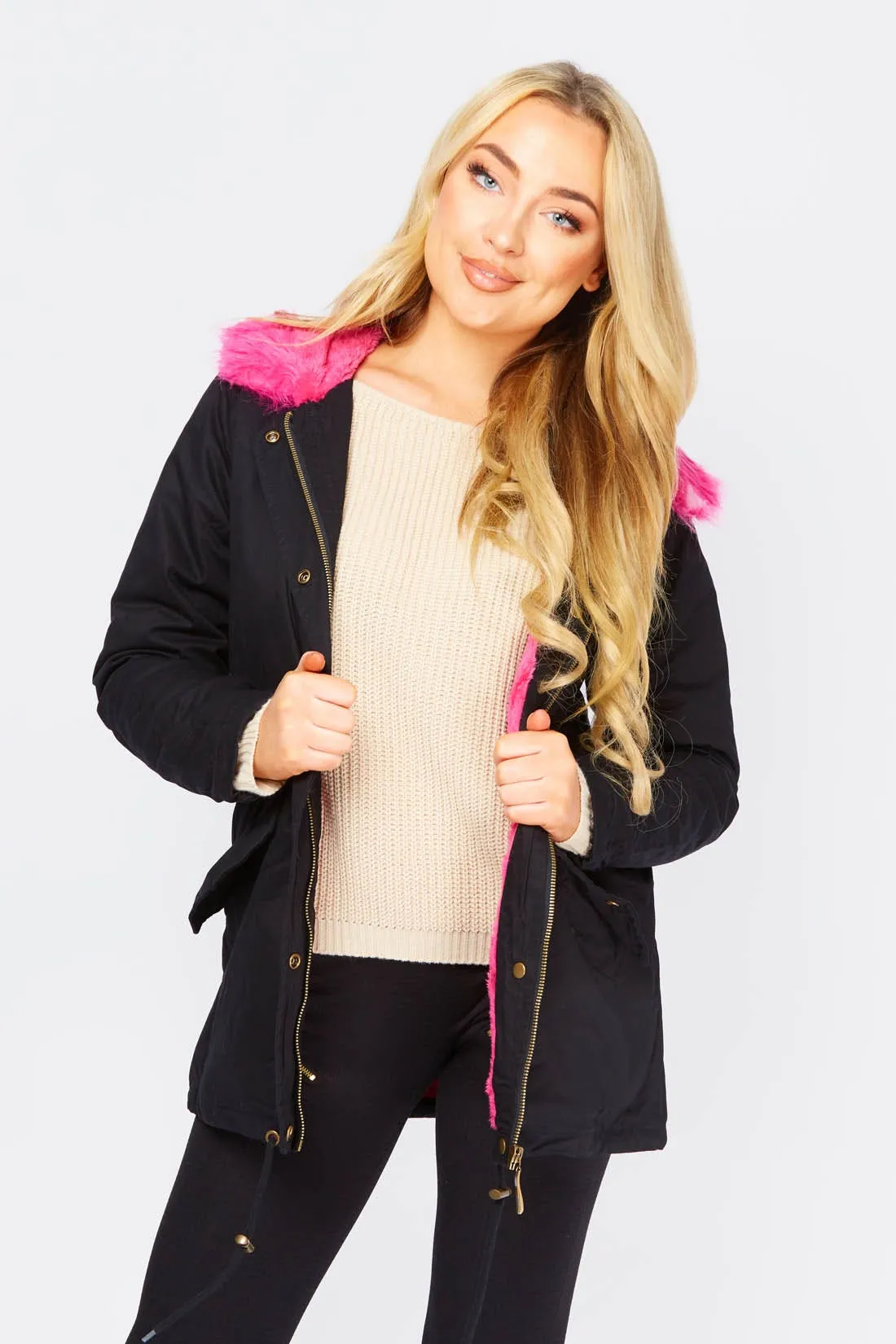 Stylish Black Parka Jacket with Pink Faux Fur Trim