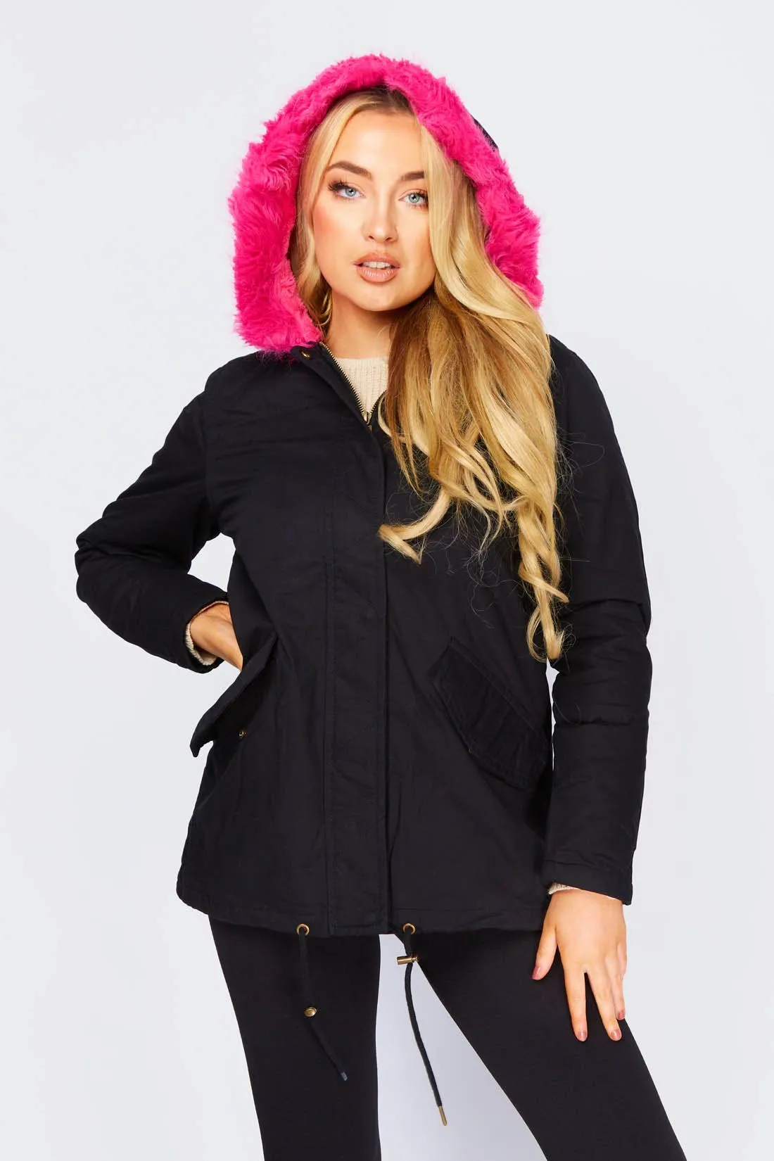 Stylish Black Parka Jacket with Pink Faux Fur Trim