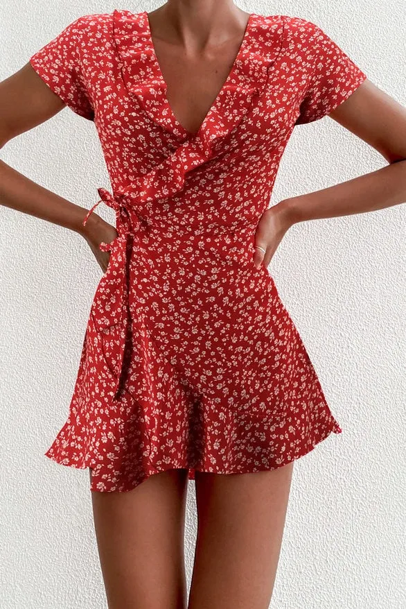 Floral Ruffled A-Line Dress V-neck Bandage Short Summer Women's Mini Dress