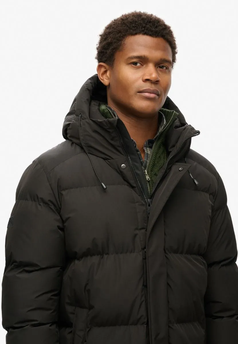 Black Superdry Hooded Sports Puffer Mid Length Jacket