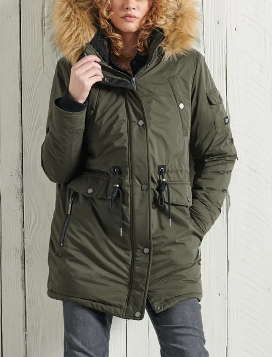 Superdry Women's Nadare Microfibre Parka Coat in Dark Moss