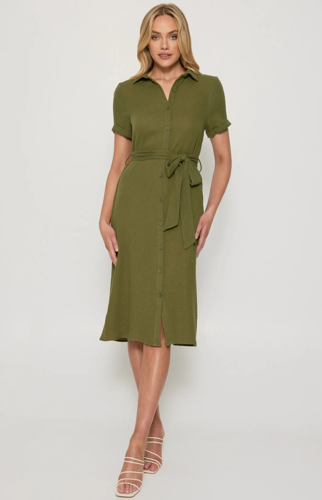 Button Up Midi Shirt Dress in Textured Cotton with Belt (ADR1154B)