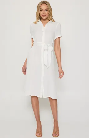 Button Up Midi Shirt Dress in Textured Cotton with Belt (ADR1154B)