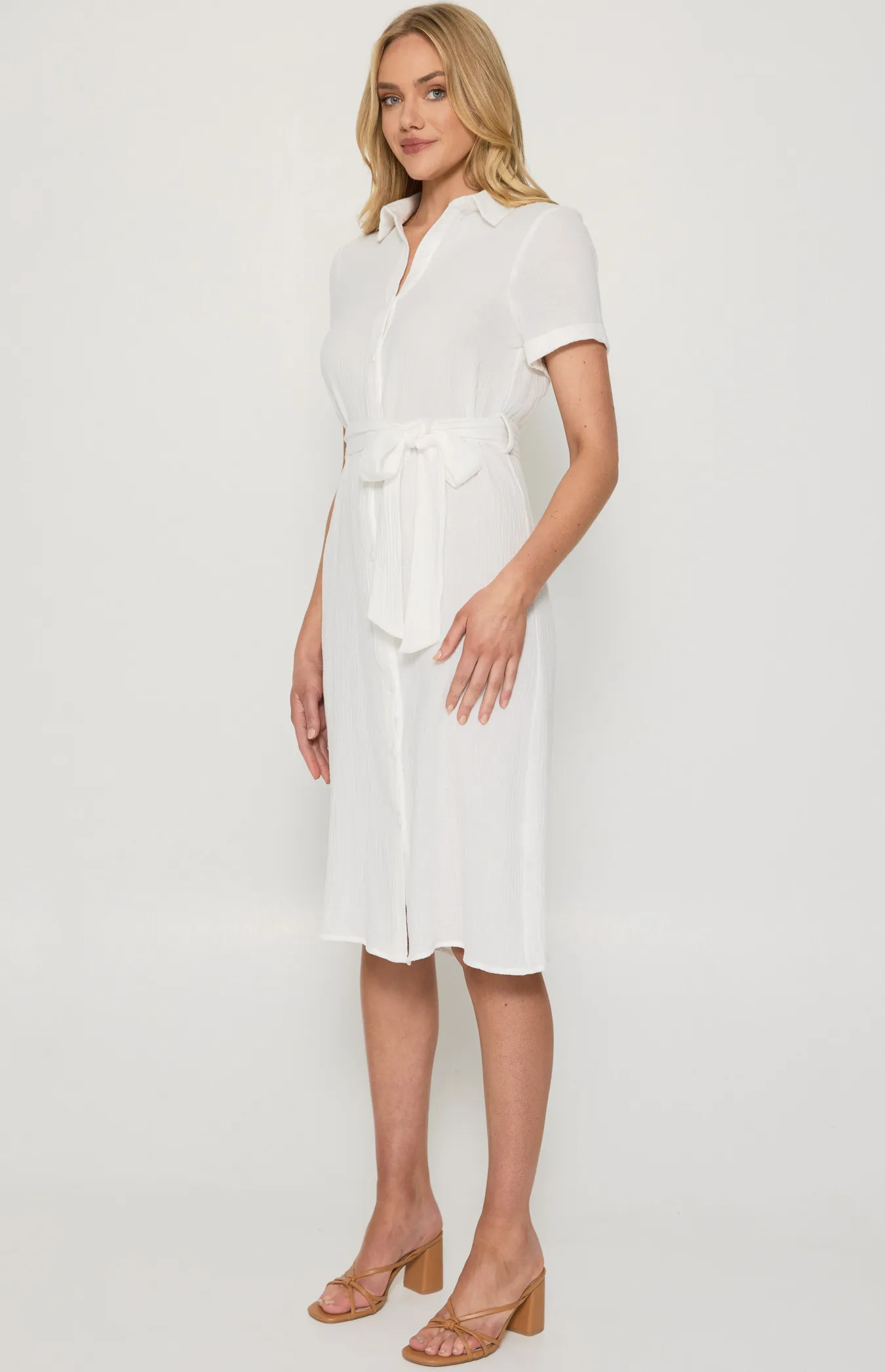 Button Up Midi Shirt Dress in Textured Cotton with Belt (ADR1154B)