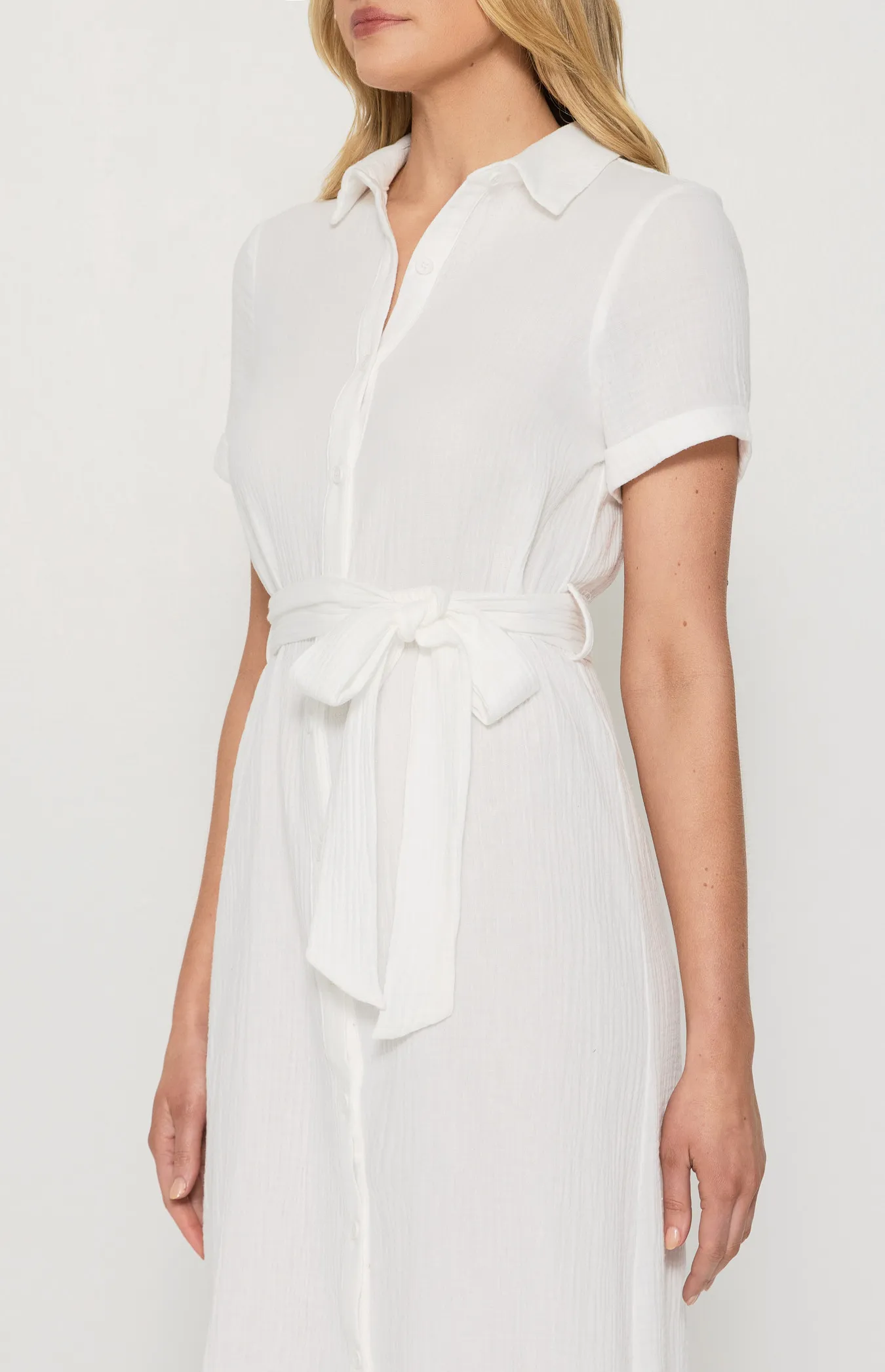 Button Up Midi Shirt Dress in Textured Cotton with Belt (ADR1154B)